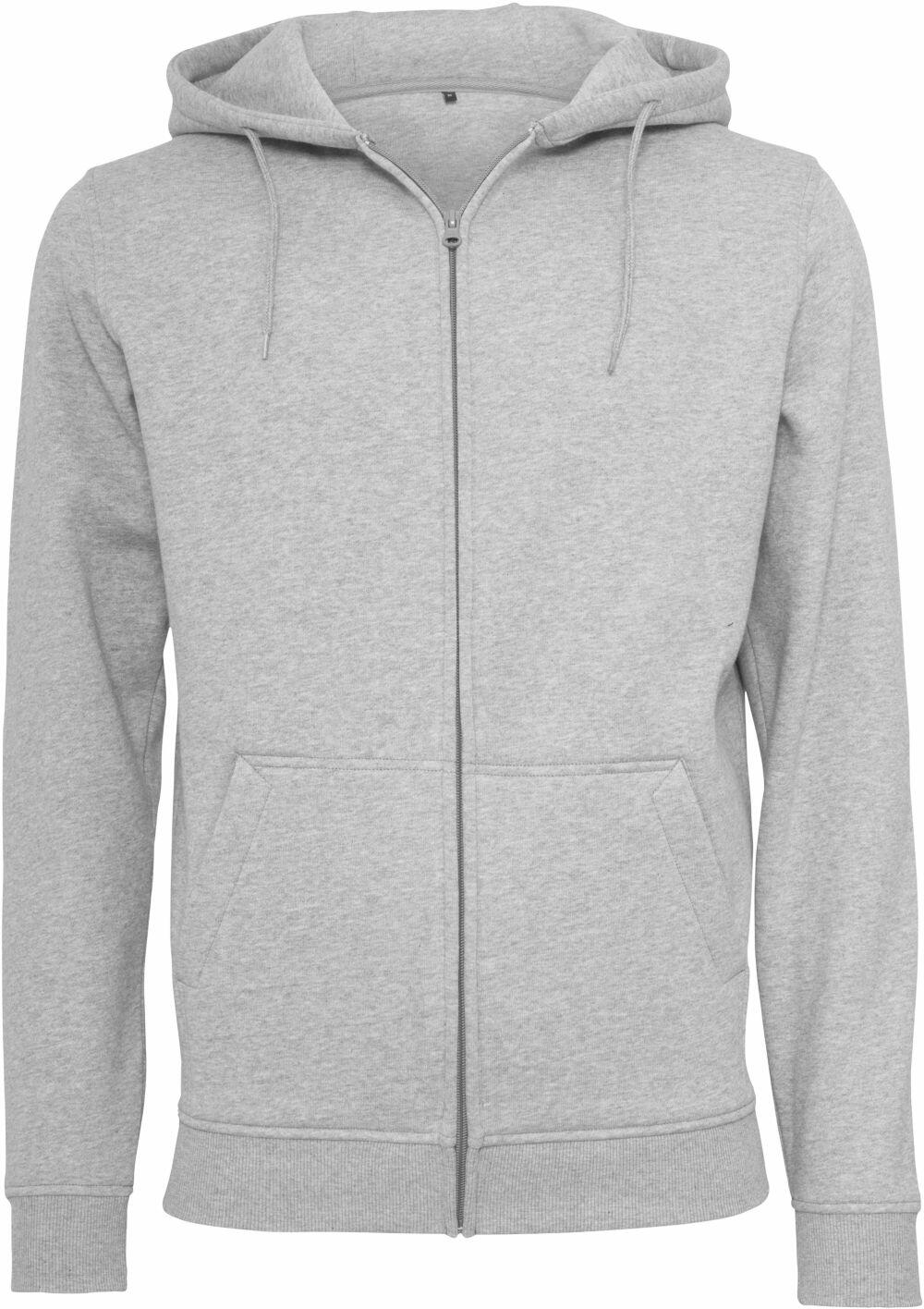 The front view of the BY012 zip-up hoodie by Build Your Brand, featuring a hood and two front pockets in a plain grey design.
