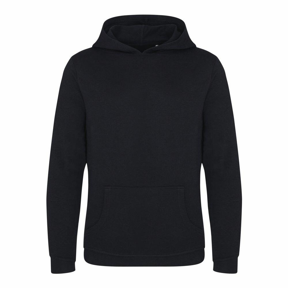 The EA040 hoodie from AWDis Ecologie, featuring long sleeves and a front pocket in black, is displayed.