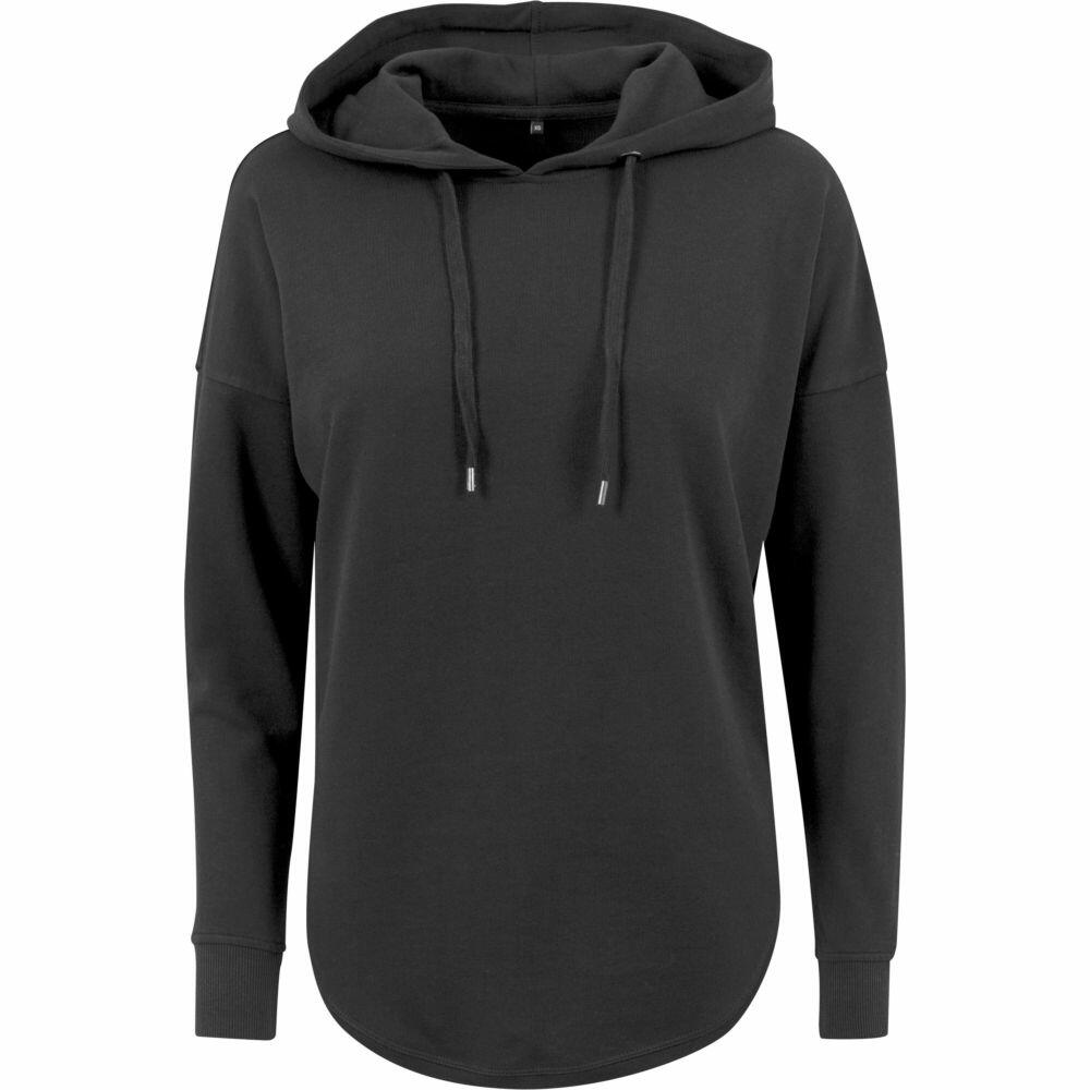 BY037 by Build Your Brand is a black hoodie featuring a front pocket and adjustable drawstrings.
