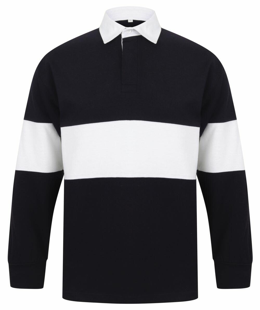 The FR07M by Front Row is a rugby shirt featuring long sleeves, a broad horizontal white stripe across the chest, and a white collar, all in black.