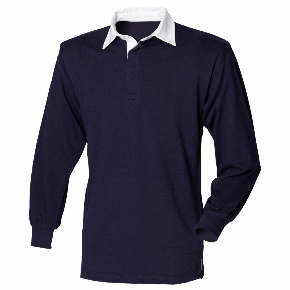 A navy blue FR100 rugby shirt from Front Row, featuring long sleeves, a white collar, and a buttoned neckline, is displayed against a plain white background.