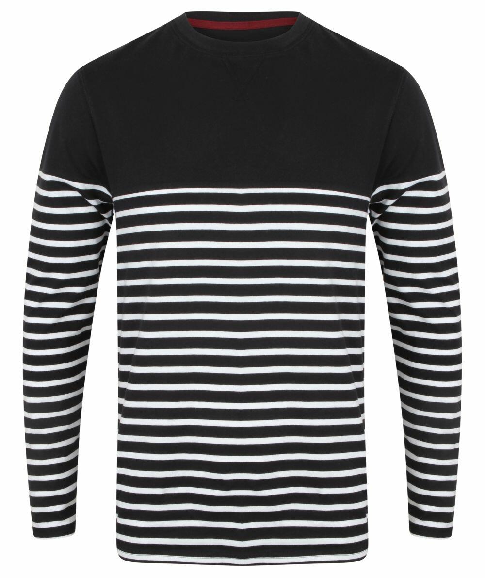 The FR134 long-sleeve shirt by Front Row features a black upper section with white and black horizontal stripes on the lower half and sleeves.