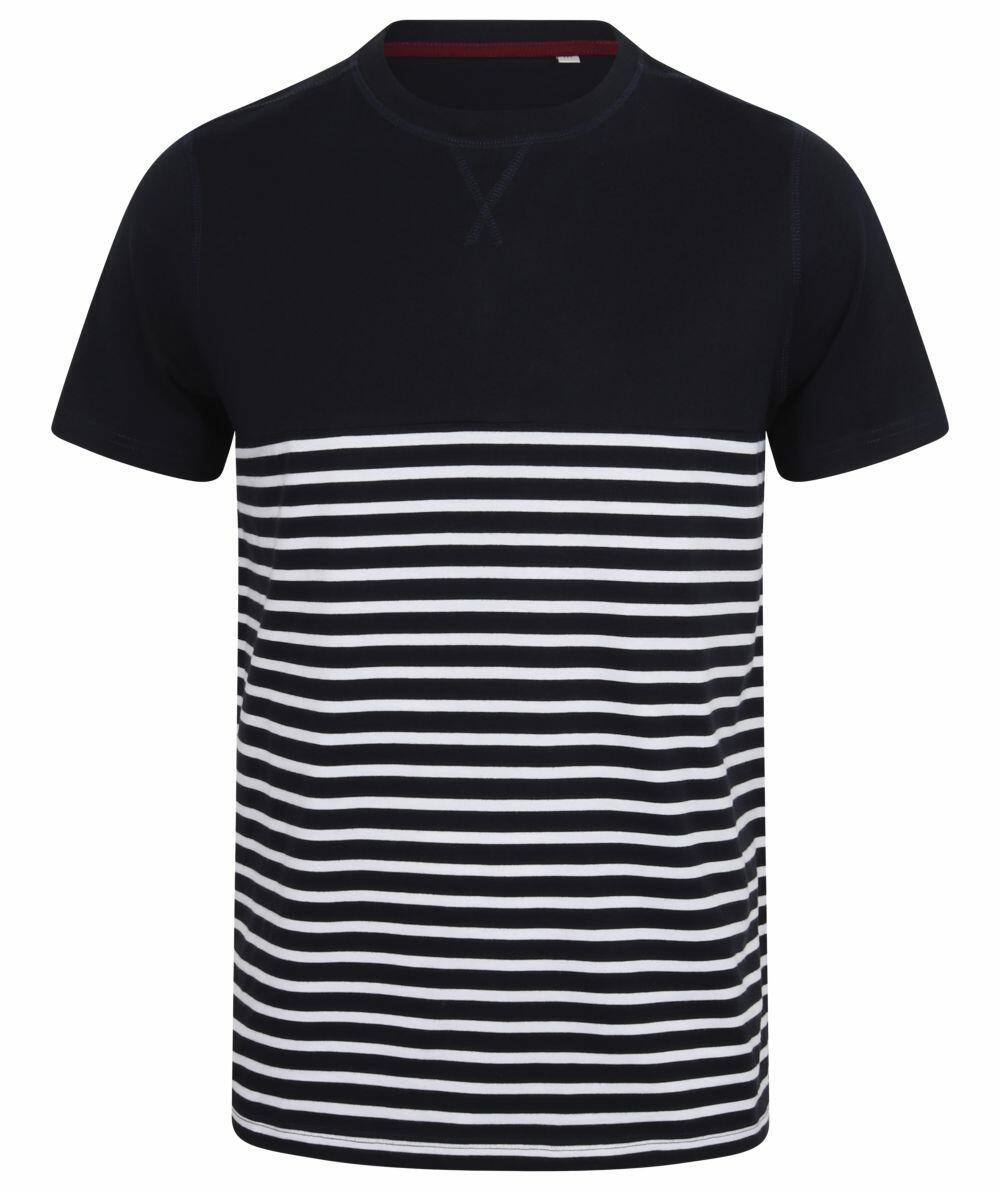 FR135 by Front Row is a short-sleeved t-shirt featuring a solid black upper section and horizontal black and white stripes on the lower section, complemented by a round neck design.