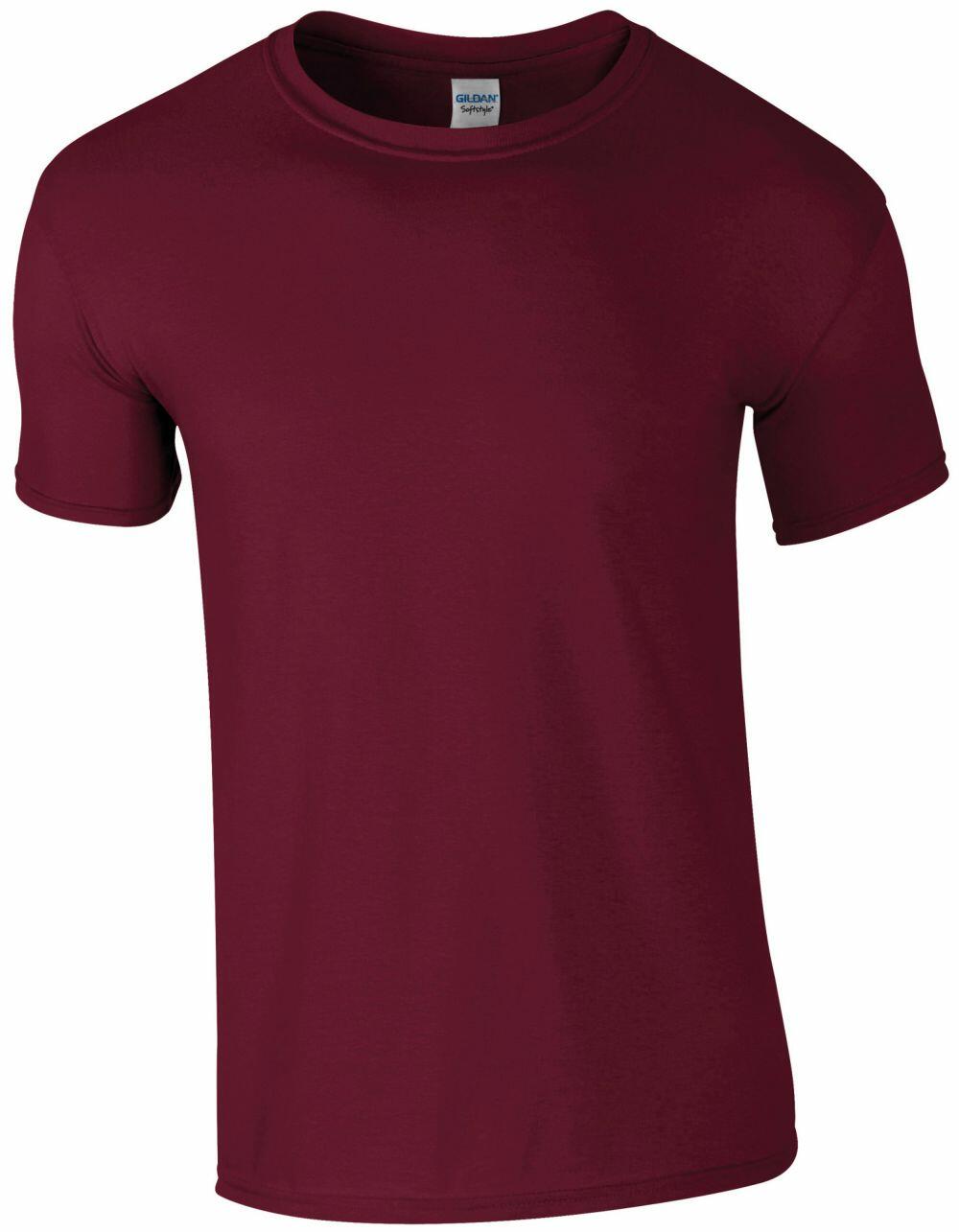 A plain maroon T-shirt from Gildan's GD001 line, featuring short sleeves and a round neckline, displayed on a white background.