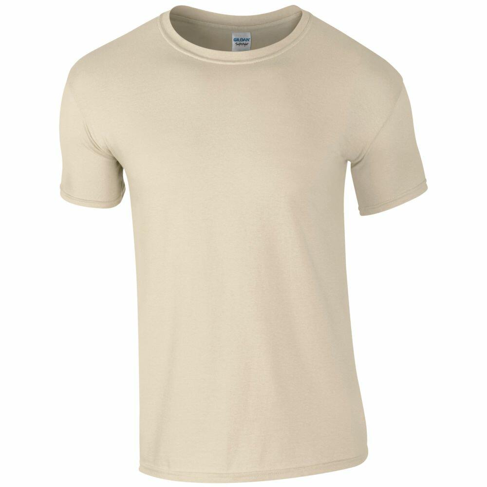 The GD001 by Gildan is a plain beige short-sleeve T-shirt showcased against a white background. Its minimalist design highlights the round neckline and the soft texture of the fabric.