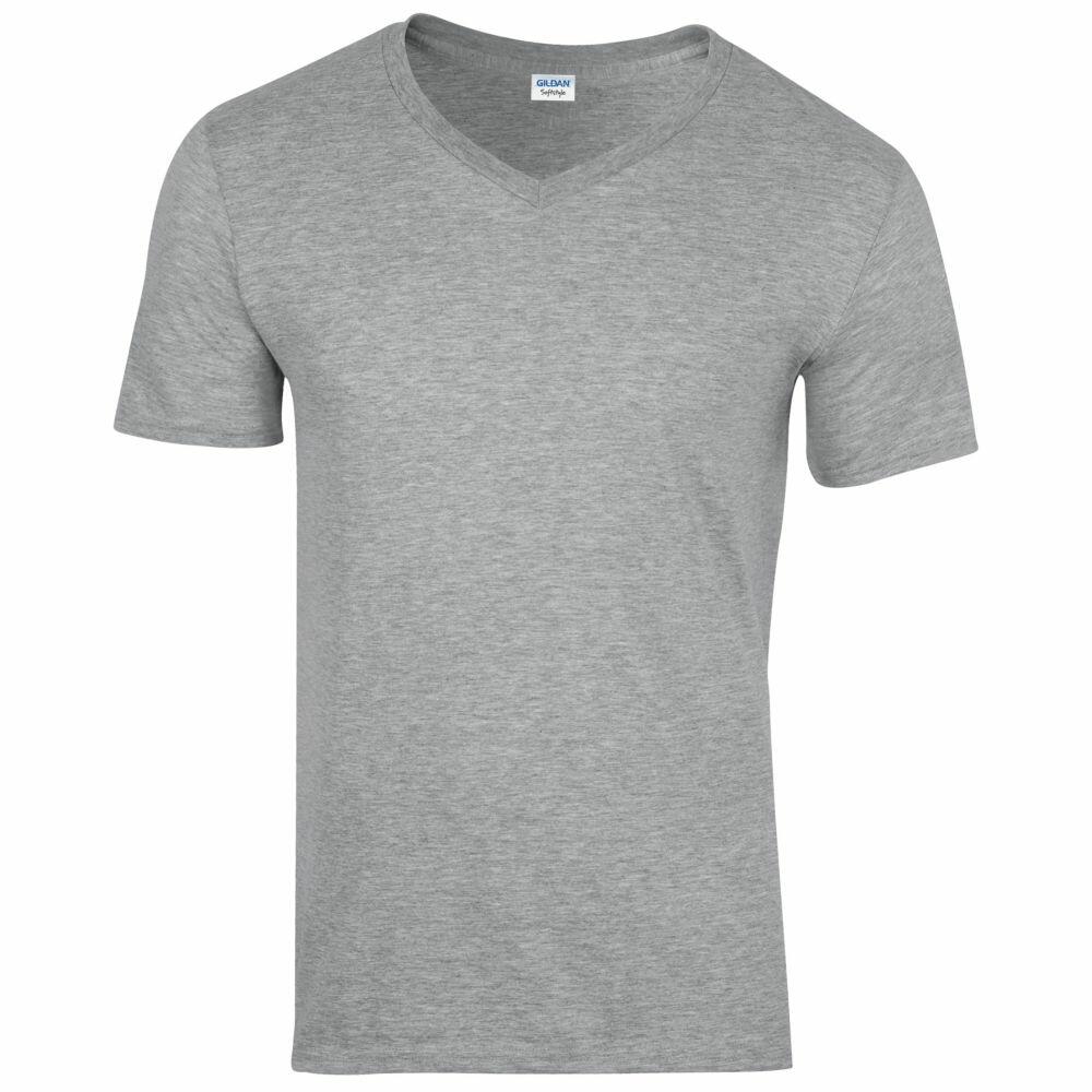 The Gildan GD010 is a plain gray V-neck T-shirt set against a white backdrop. Its fabric looks soft and lightweight, making it ideal for casual wear.