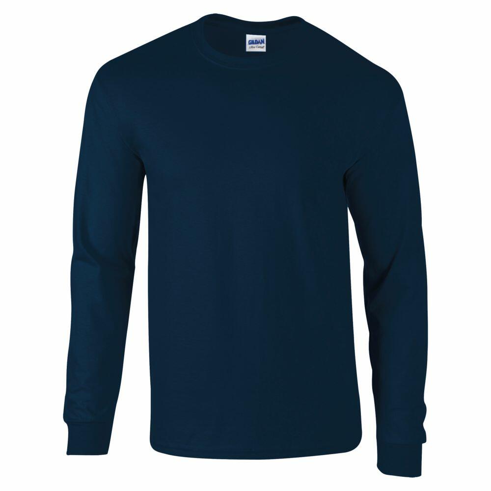 The Gildan GD014 is shown against a white background, highlighting its dark blue long sleeves. The shirt boasts a straightforward style, complete with a crew neckline and ribbed cuffs.