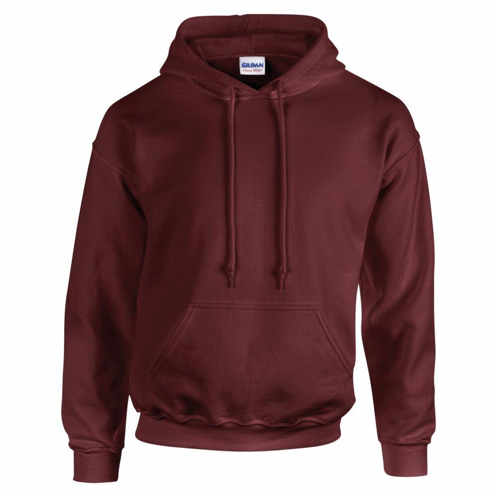 A Gildan hoodie, product number GD057, in maroon featuring a front pocket and drawstring hood, showcased on a plain white background.