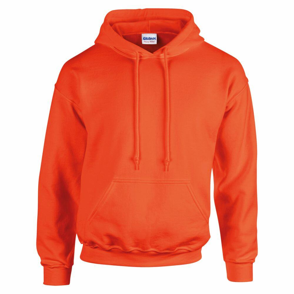 The Gildan GD057 is a bright orange hoodie featuring a front pocket and drawstring hood, displayed against a plain white background. It is crafted from soft fabric and offers a casual, relaxed fit.