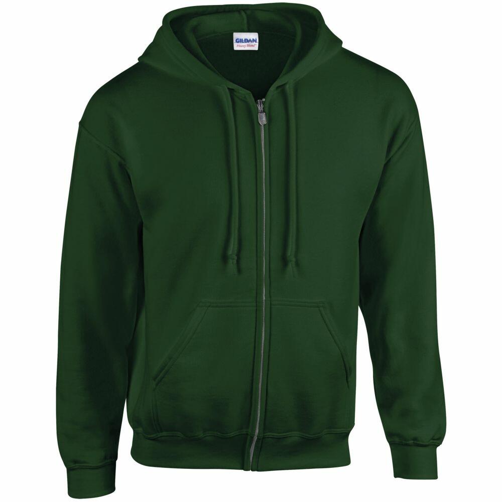 A dark green zip-up hoodie featuring a front zipper and two pockets, complete with long sleeves and a hood with a drawstring. The label inside the neckline reads Gildan, and the product is identified as GD058.