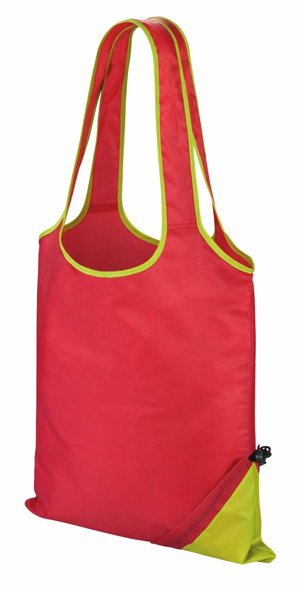 The Result Core R002X is a reusable shopping bag in red and lime green with two handles and includes a small pocket located on the bottom right corner.
