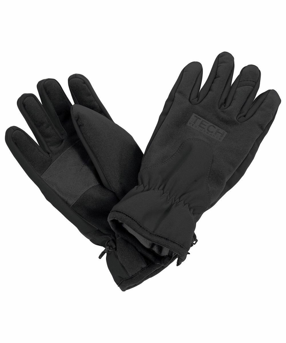 A pair of R134X gloves from Result Winter Essentials, featuring a black design with adjustable wrist cuffs and reinforced palms, laid flat against a white background.