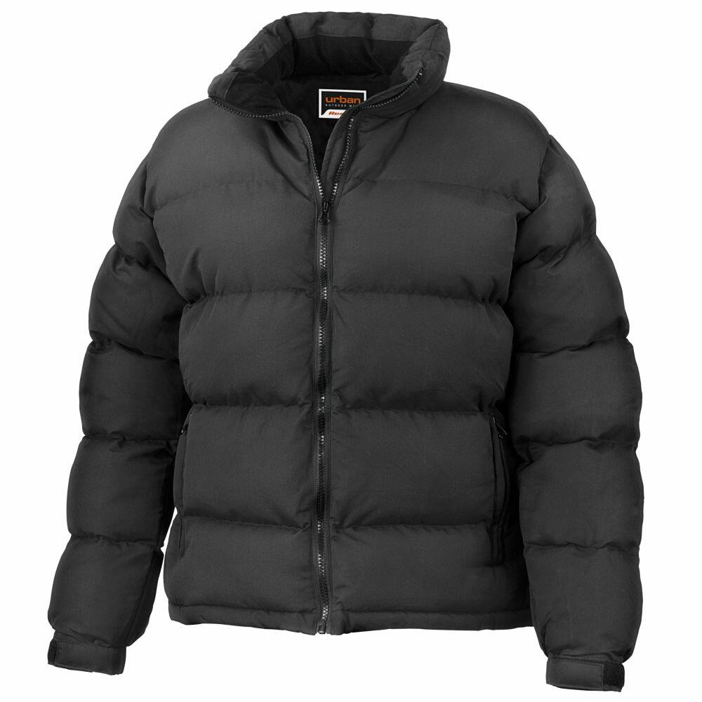 The Result Urban Outdoor R181F is a black puffer jacket featuring a front zipper and high collar.