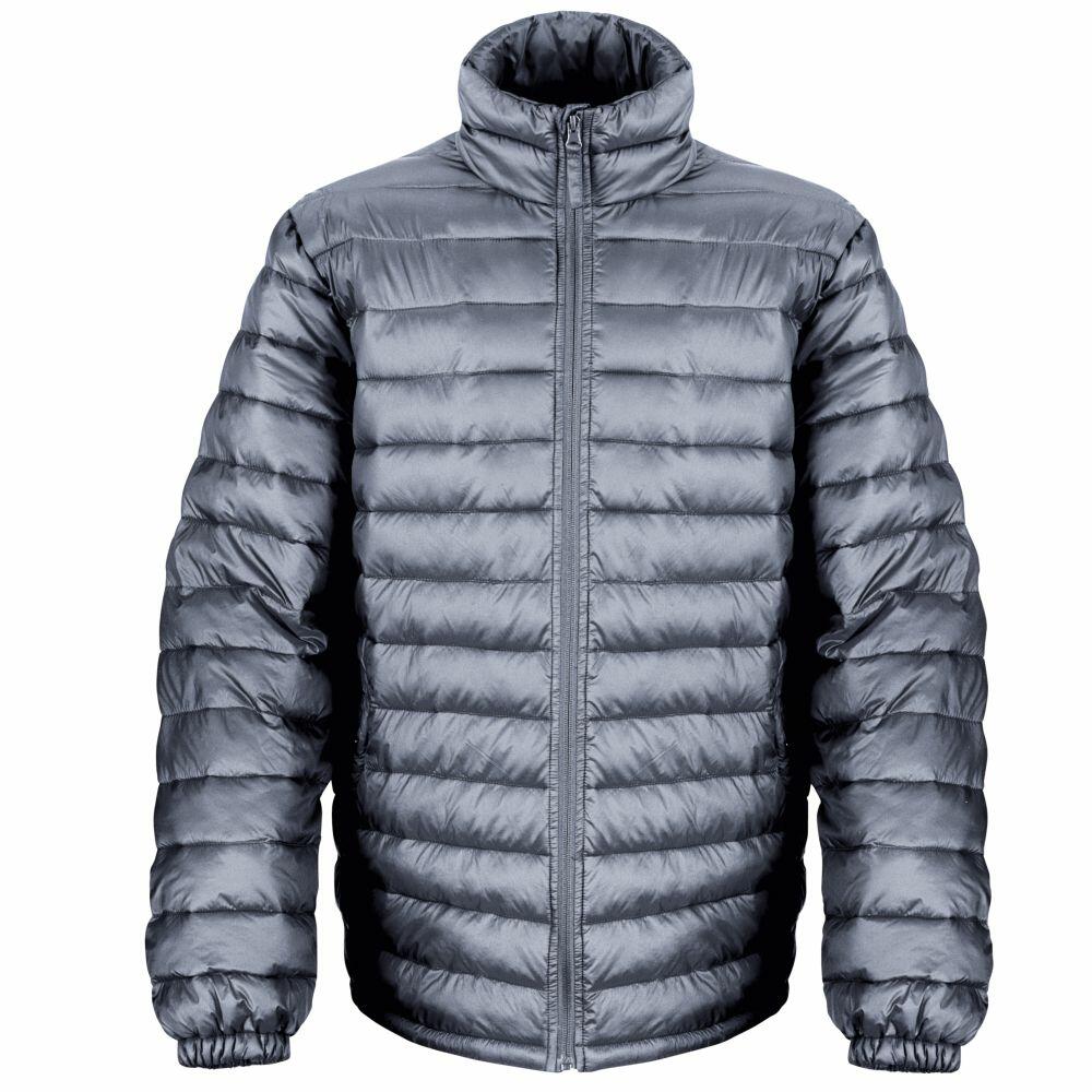 The R192M from Result Urban Outdoor is a gray puffer jacket featuring a high collar, full zipper, and horizontal quilting.