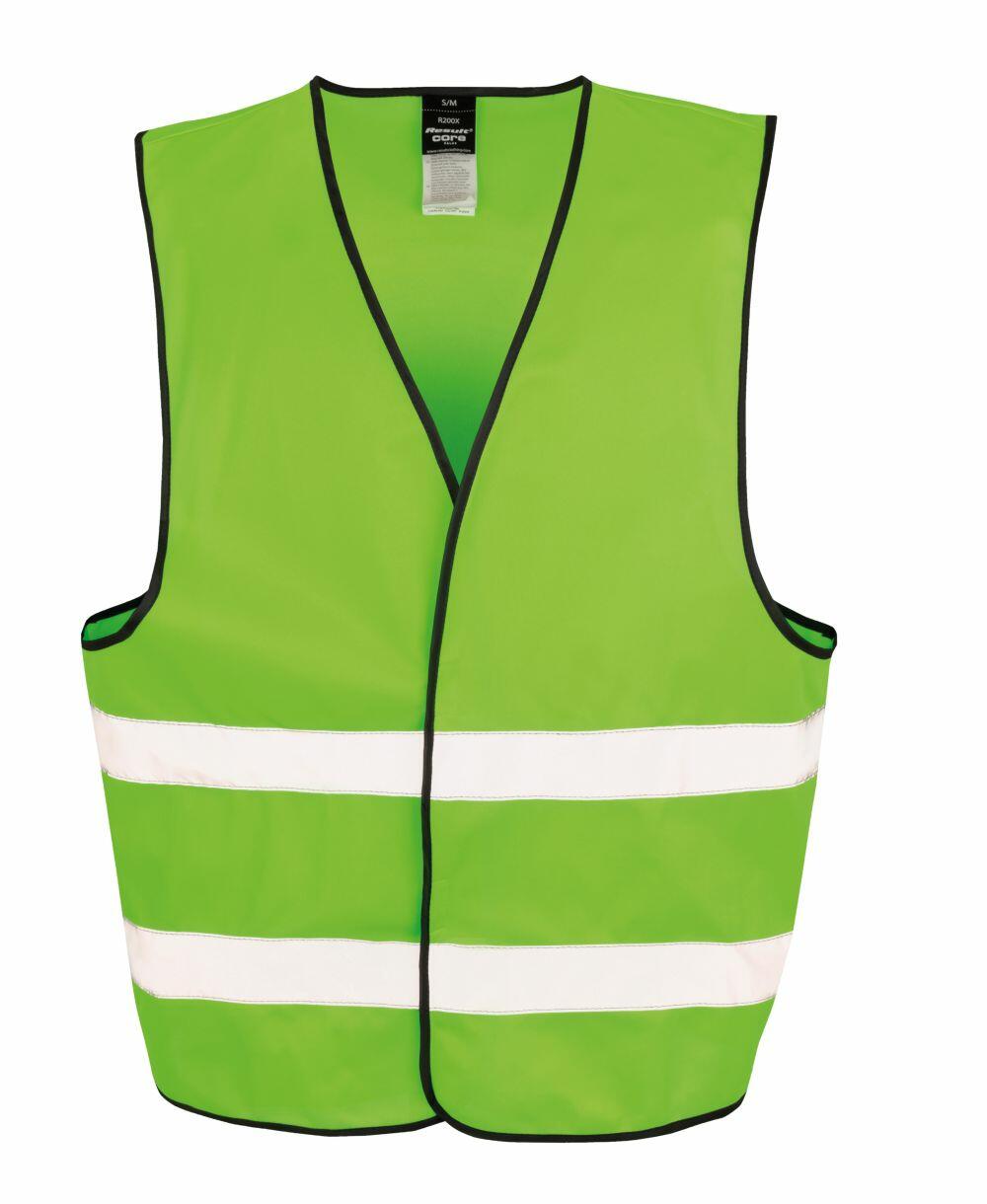 The Result Core R200X is a bright green safety vest featuring black trim and two horizontal white reflective stripes across the front.