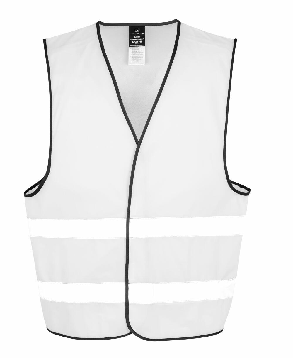 A Result Core R200X reflective safety vest in white, featuring black trim and two horizontal reflective stripes. This sleeveless vest has an open front and a visible label on the inside collar.