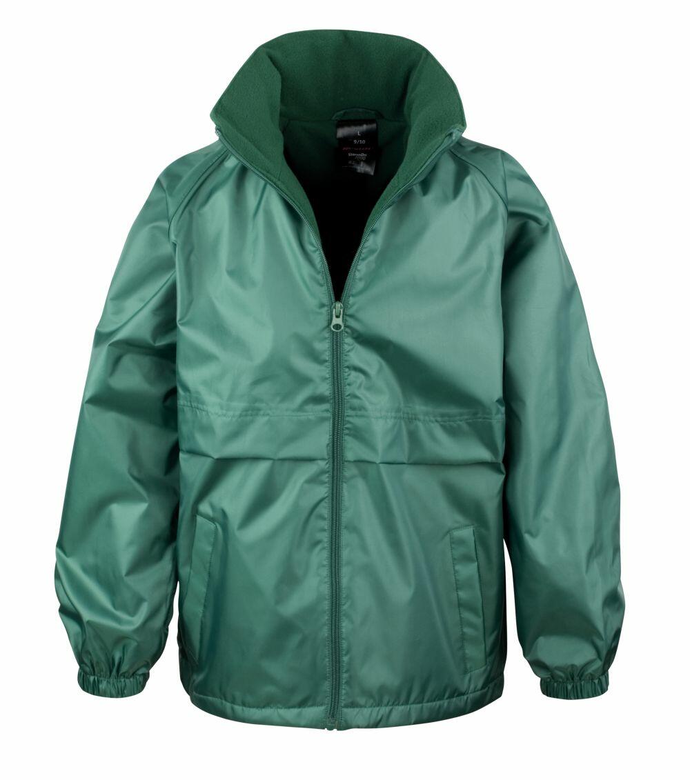 The Result Core R203J is a green zip-up jacket featuring a high collar and elastic cuffs, showcased against a white background.