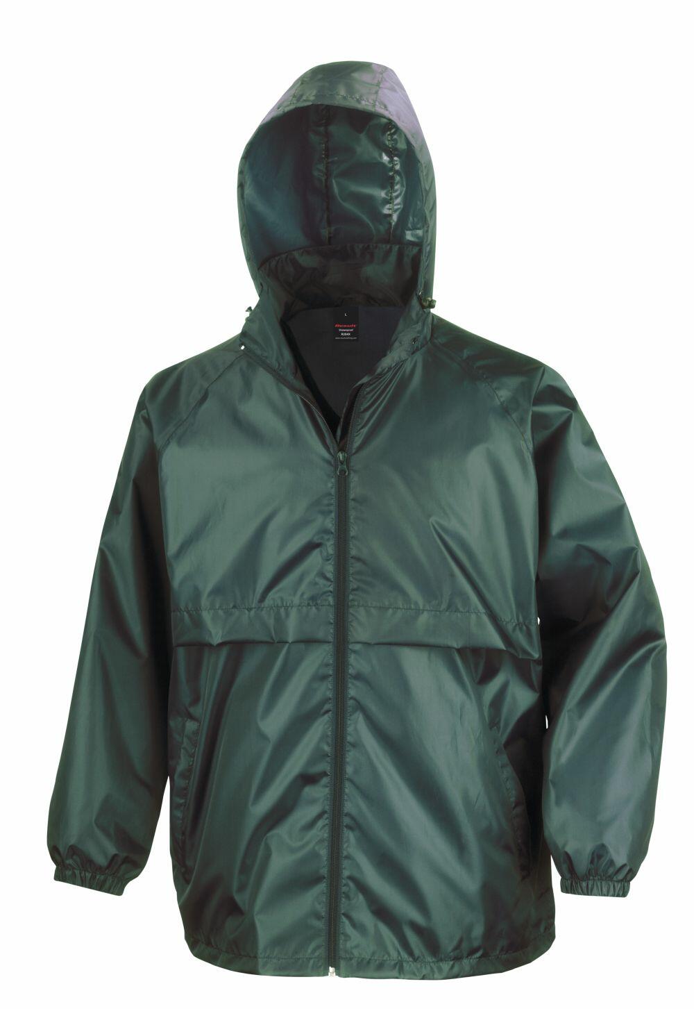 The Result Core R204X is a dark green hooded rain jacket featuring a zipper and elasticized cuffs.