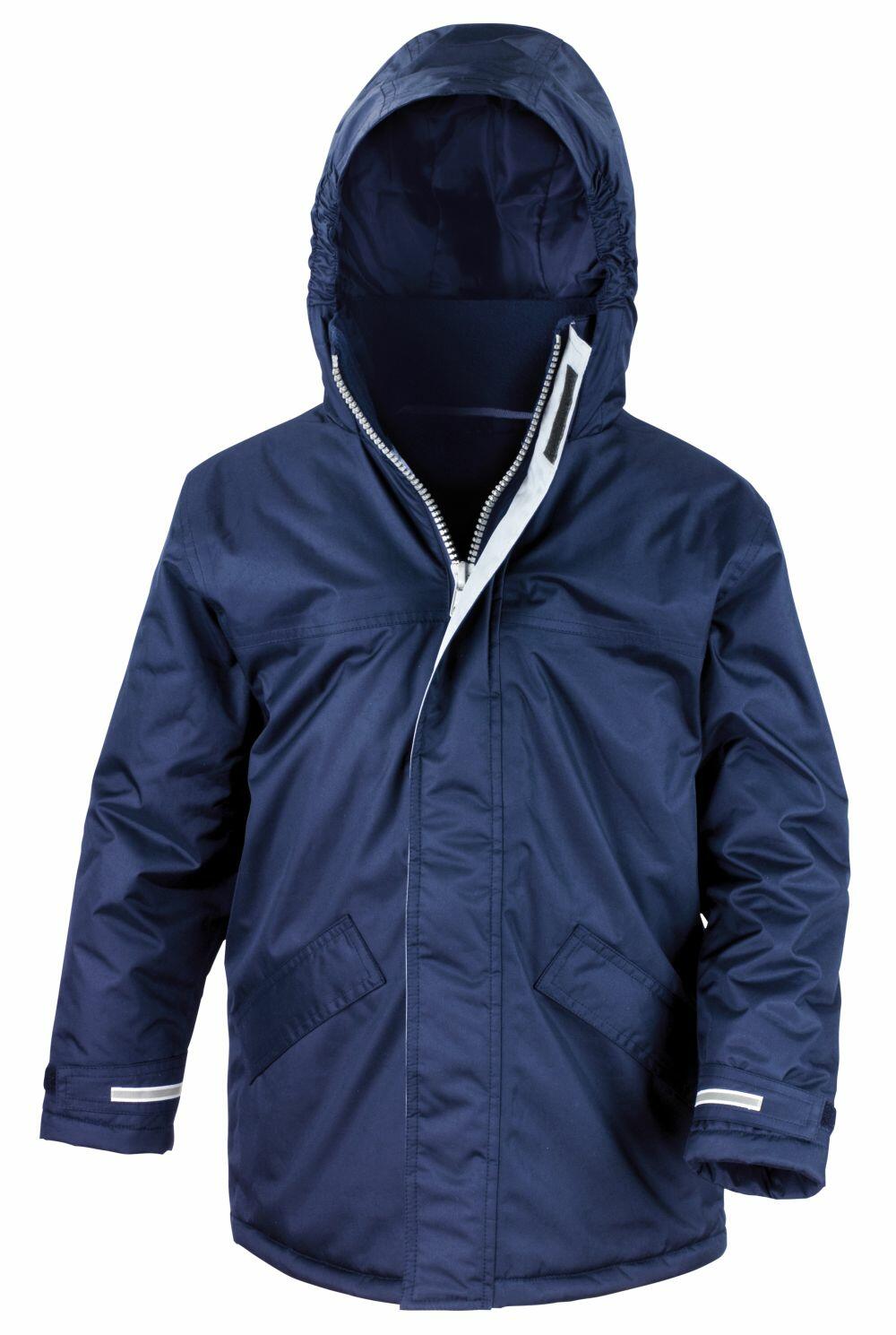 Introducing the Result Core R207J: a navy blue hooded winter jacket featuring a front zipper and Velcro closure. It is designed with two large front pockets, adjustable cuffs, and a high collar for enhanced warmth. This jacket offers insulated, weather-resistant protection.