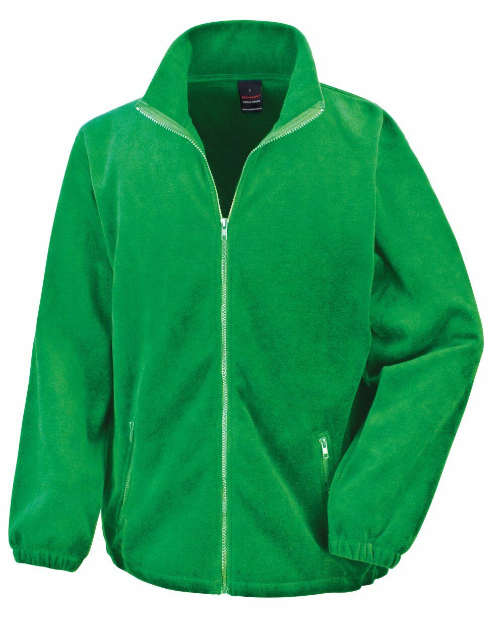 The R220X by Result Core is a fleece jacket in bright green, featuring a full zipper, two zippered pockets, a high collar, and elastic cuffs, displayed against a plain white background.