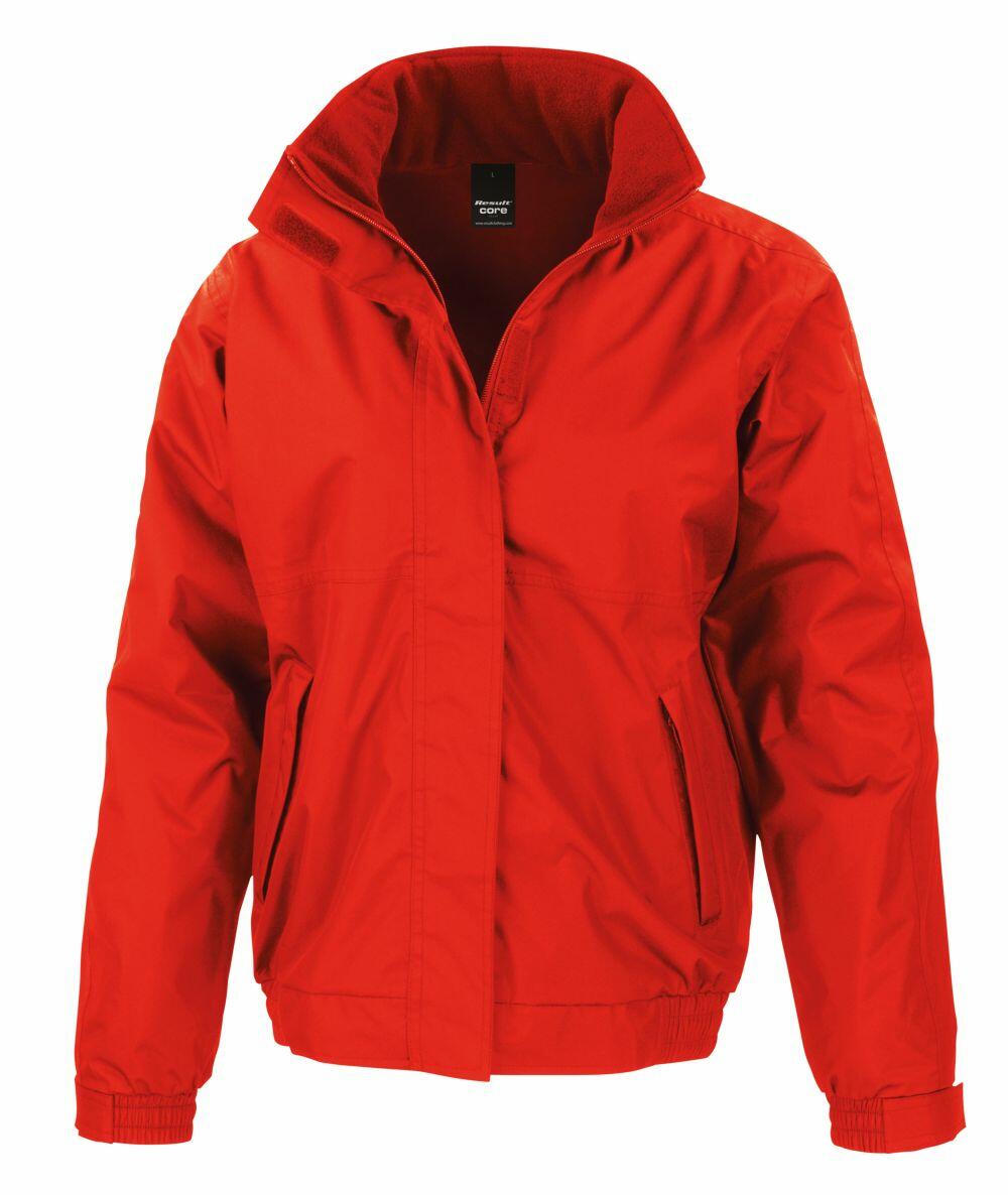 The Result Core R221M is a vibrant red jacket featuring a high collar and zippered front, two side pockets, and a fitted waistline, perfect for casual or outdoor wear.