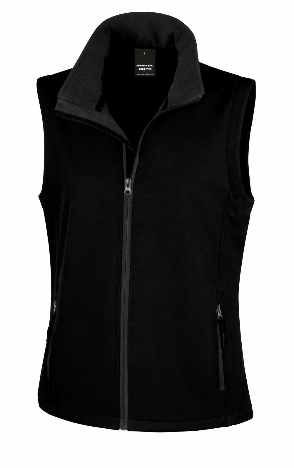 A black, high-collared, sleeveless zip-up vest with side pockets from Result Core's R232F line.