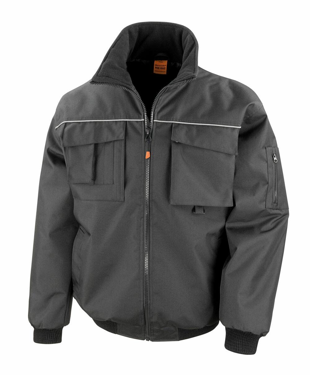 The R300X utility jacket by Result Work-Guard features a front zipper, multiple pockets, and ribbed cuffs and waistband in black.