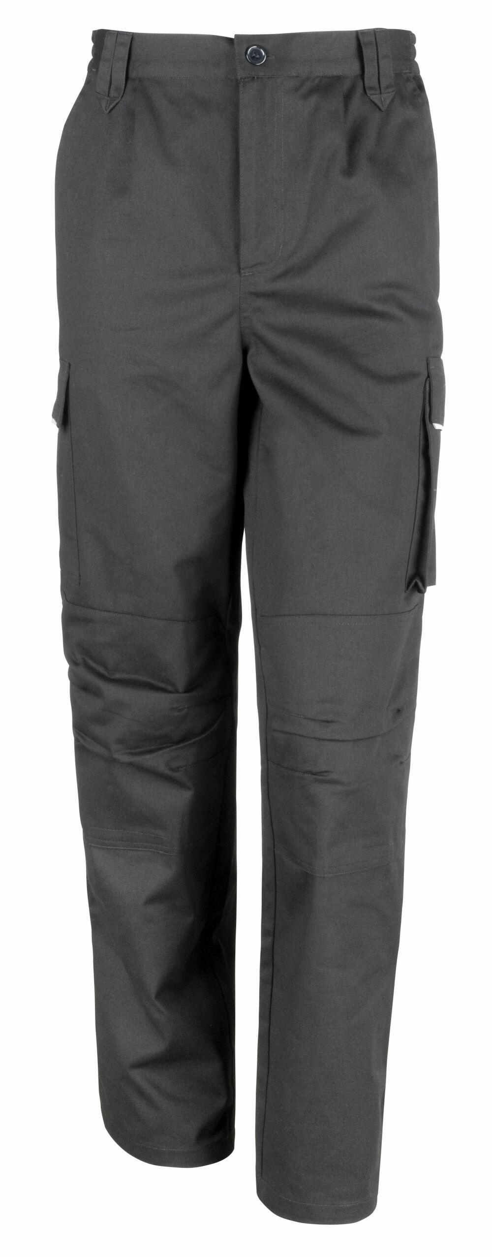 R308F by Result Workguard, black cargo pants featuring side pockets and a button closure, displayed against a white background.