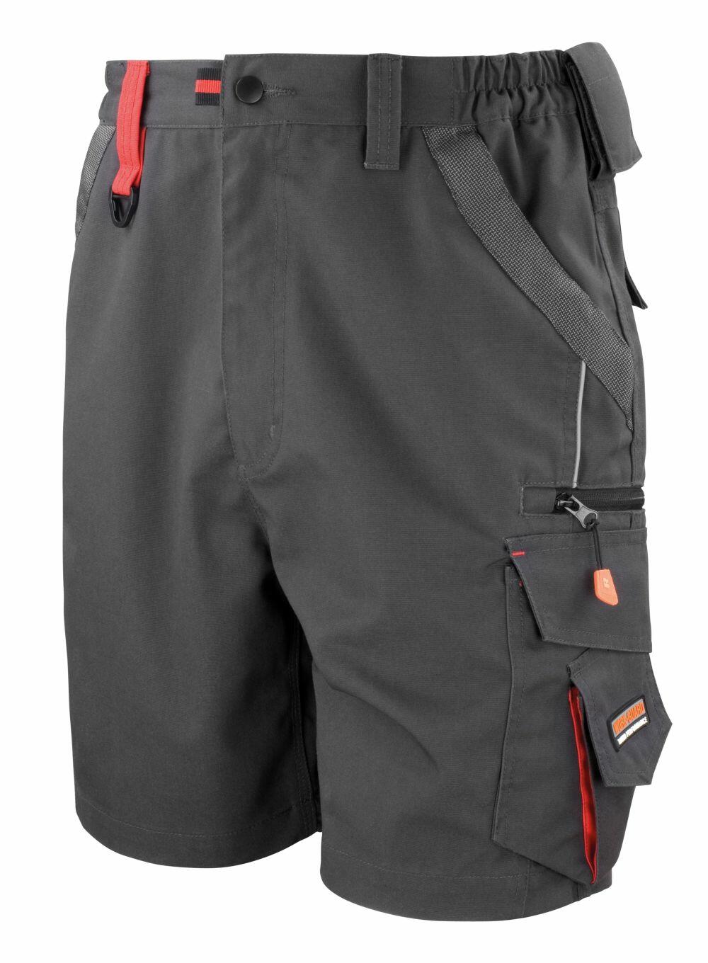 Result Work-Guard's R311X gray work shorts are equipped with multiple pockets, feature red and black accents, and have a belt loop design.