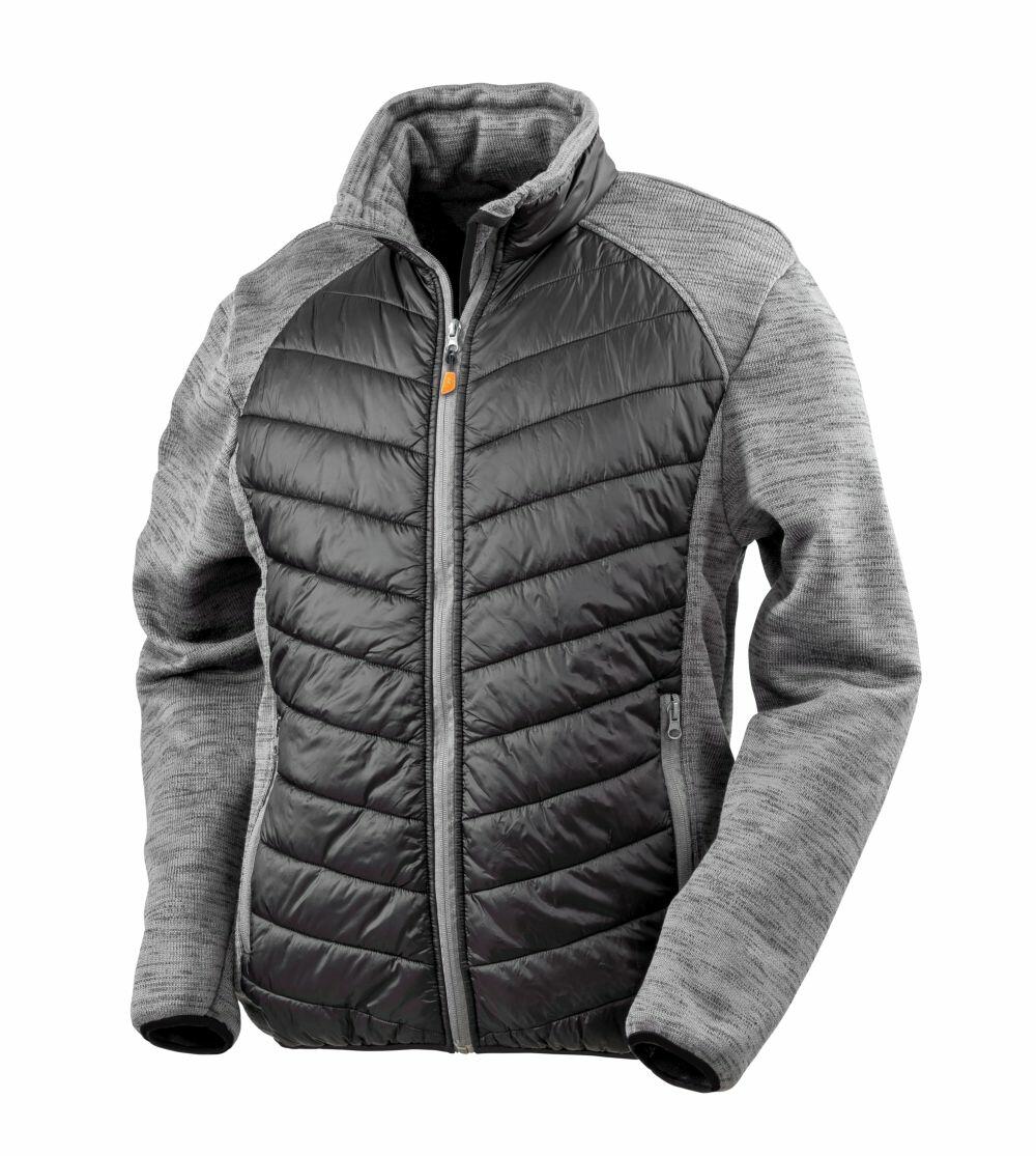 The Result Workguard R314X jacket features quilted front panels, a zip closure, and two side pockets in gray. The sleeves and back are crafted from a contrasting gray fabric.
