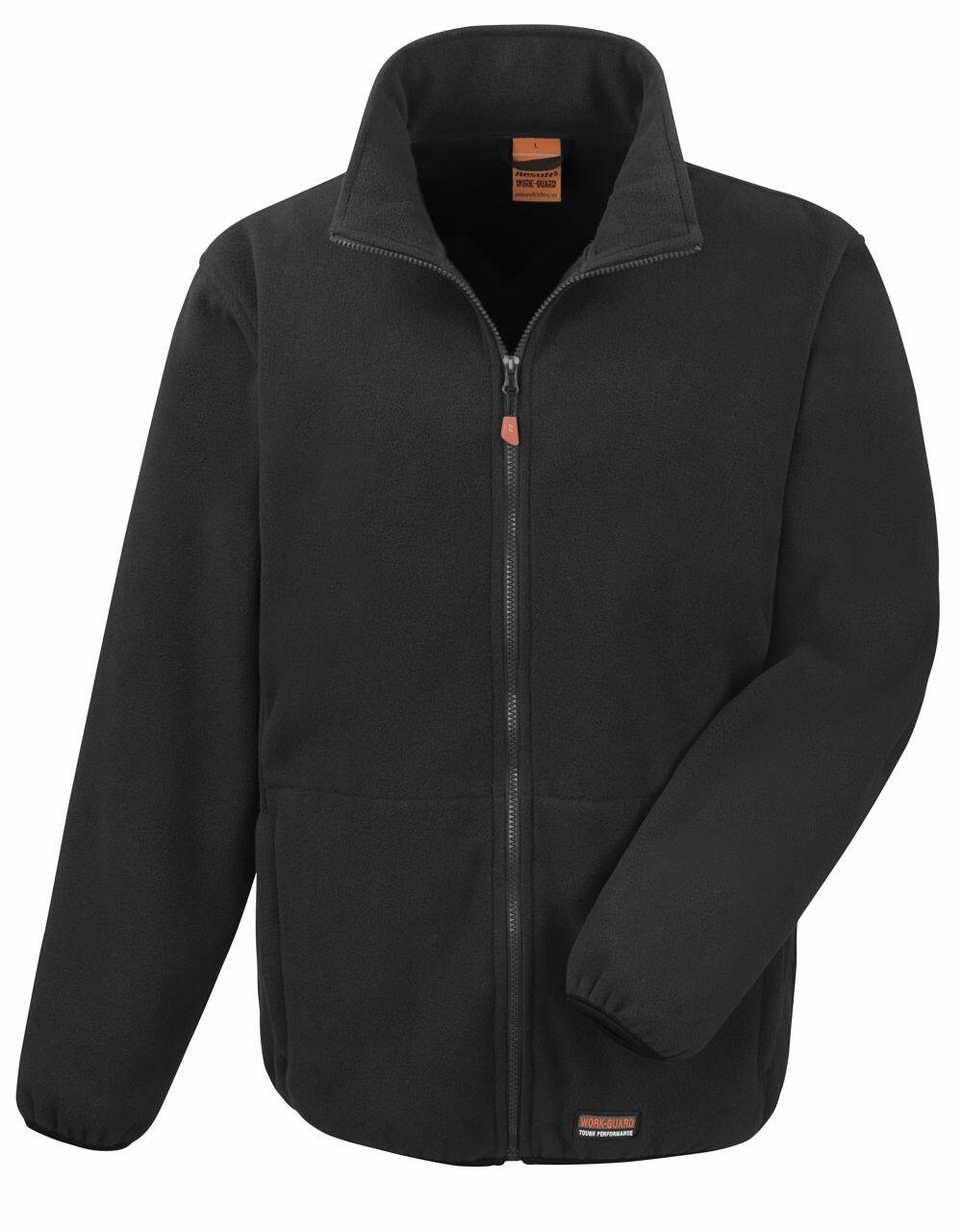 The Result Work-Guard R330X is a black zip-up fleece jacket featuring a high collar, two side pockets, and elastic cuffs.
