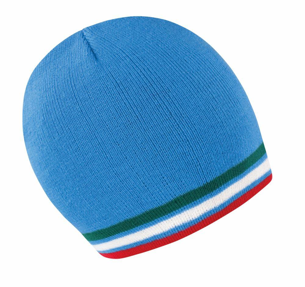 Product R368X by Result Winter Essentials is a blue knit beanie featuring green, white, blue, and red stripes along the bottom.