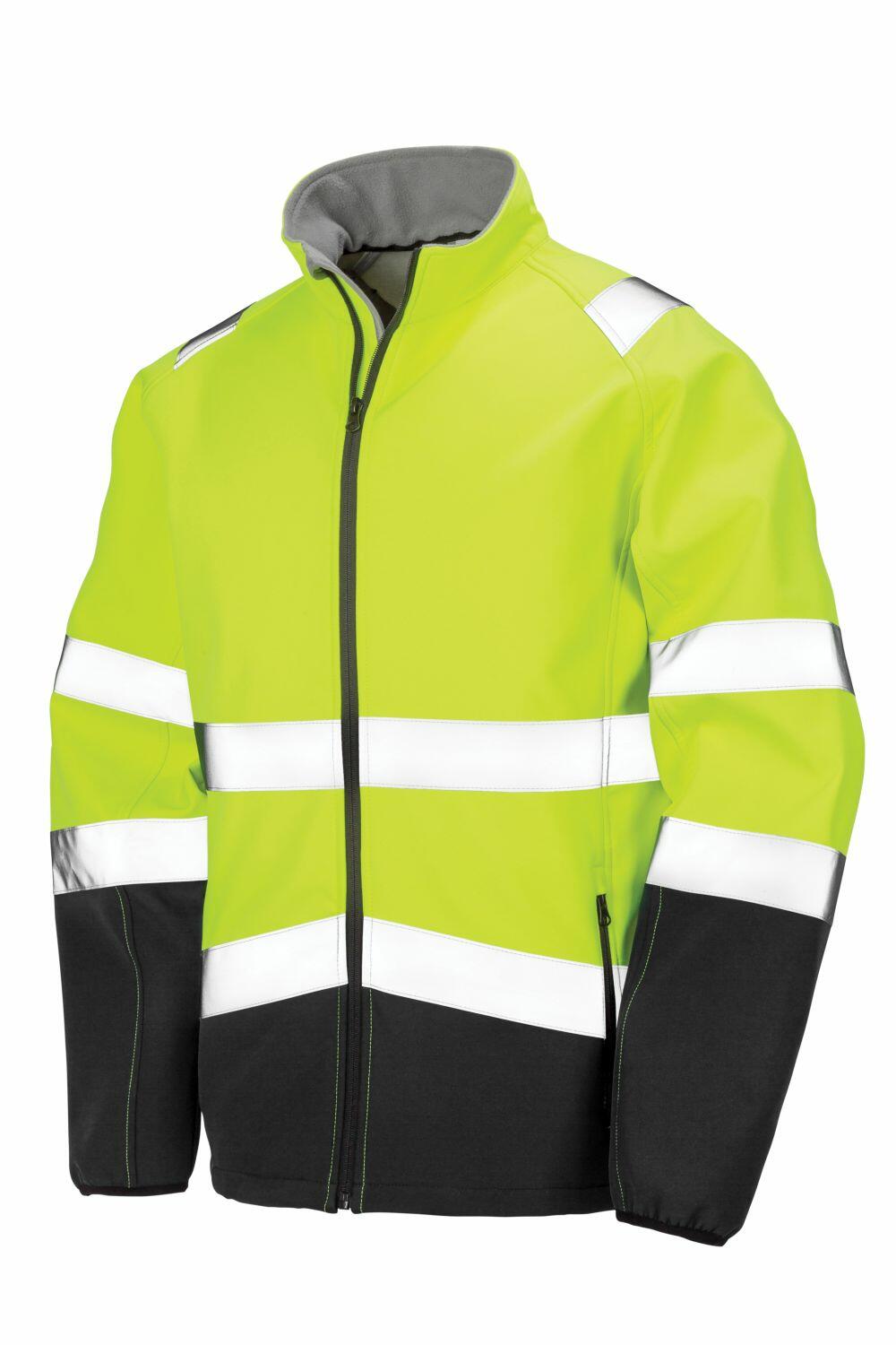 The R450X by Result Safeguard is a high-visibility jacket featuring neon yellow and black sections with reflective white bands.