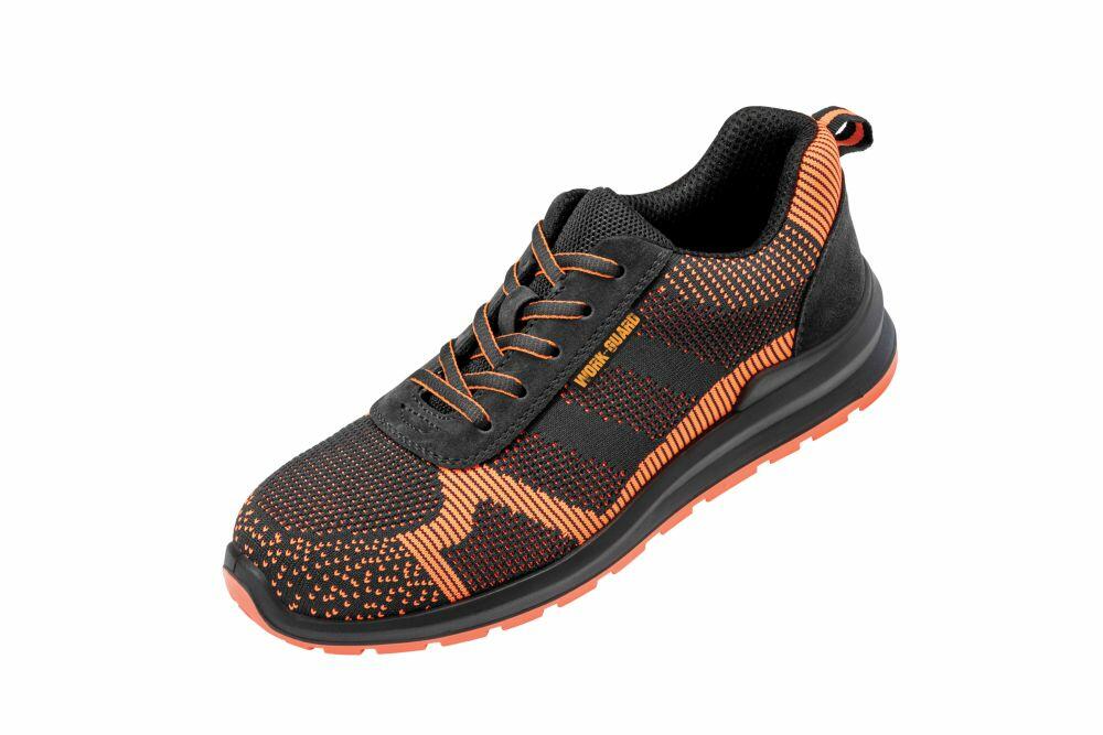 The R457X by Result Workguard is a black and orange athletic shoe with a knit design, textured sole, and "Work Brutus" text on the side.