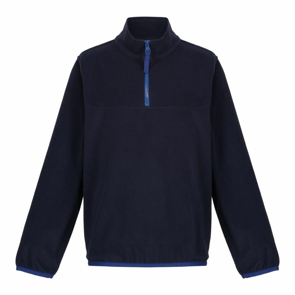 The Regatta Junior RG334 is a navy blue fleece pullover with a high collar, featuring a blue half-zipper. Its design is simple, complete with long sleeves and elastic cuffs.
