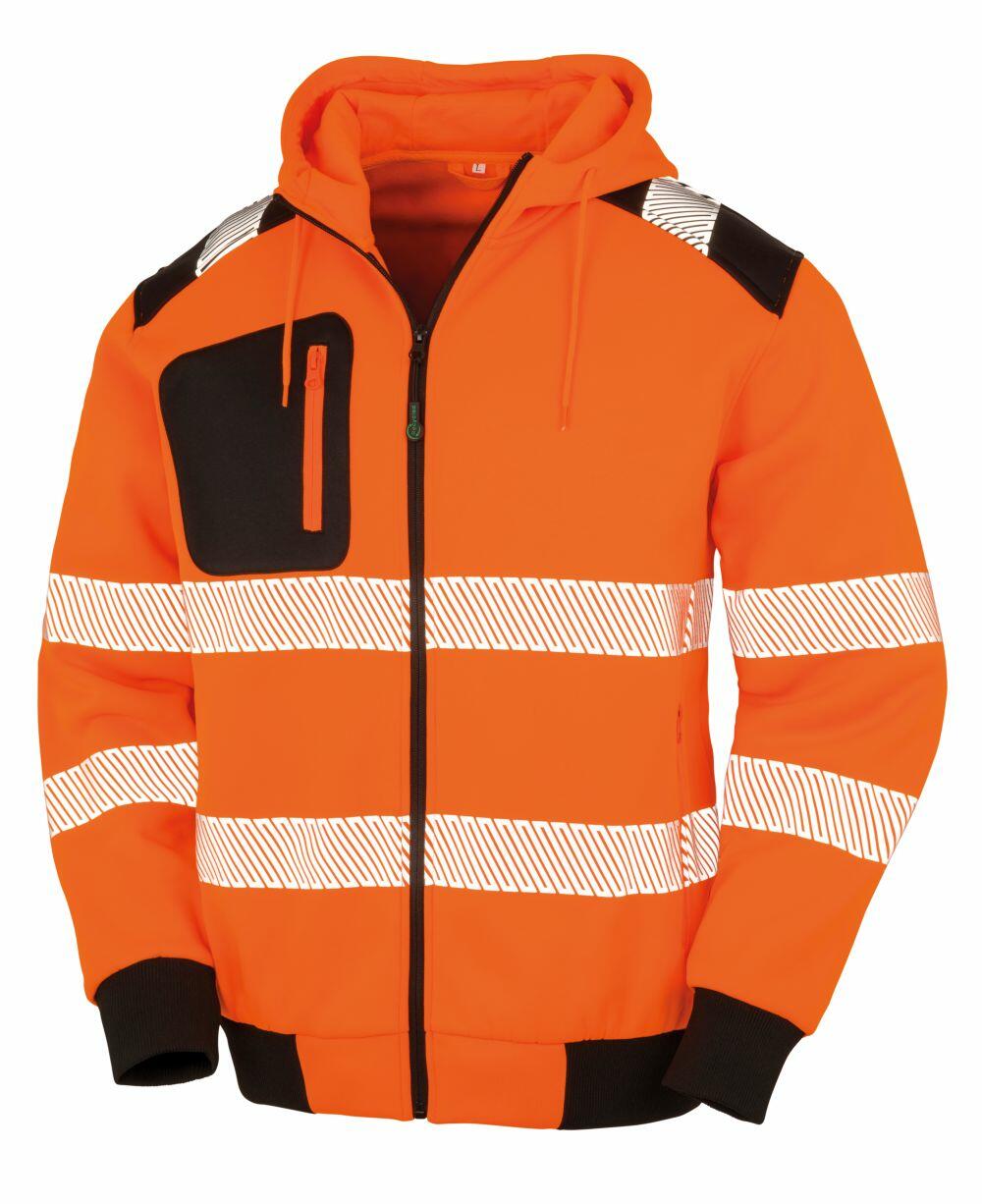The R503X from Result Genuine Recycled is a vibrant orange jacket featuring black and white reflective stripes, accented with a black pocket and complemented by black cuffs.