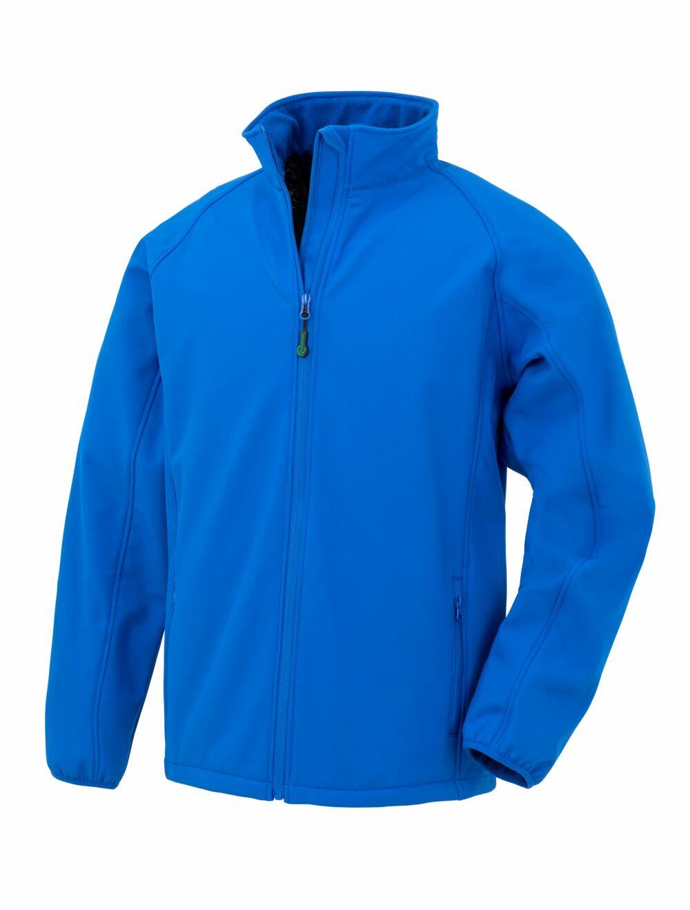 The R901J by Result Genuine Recycled is a vibrant blue jacket featuring a front zipper and high collar. It includes long sleeves and side pockets with zippers, all presented against a plain white background.