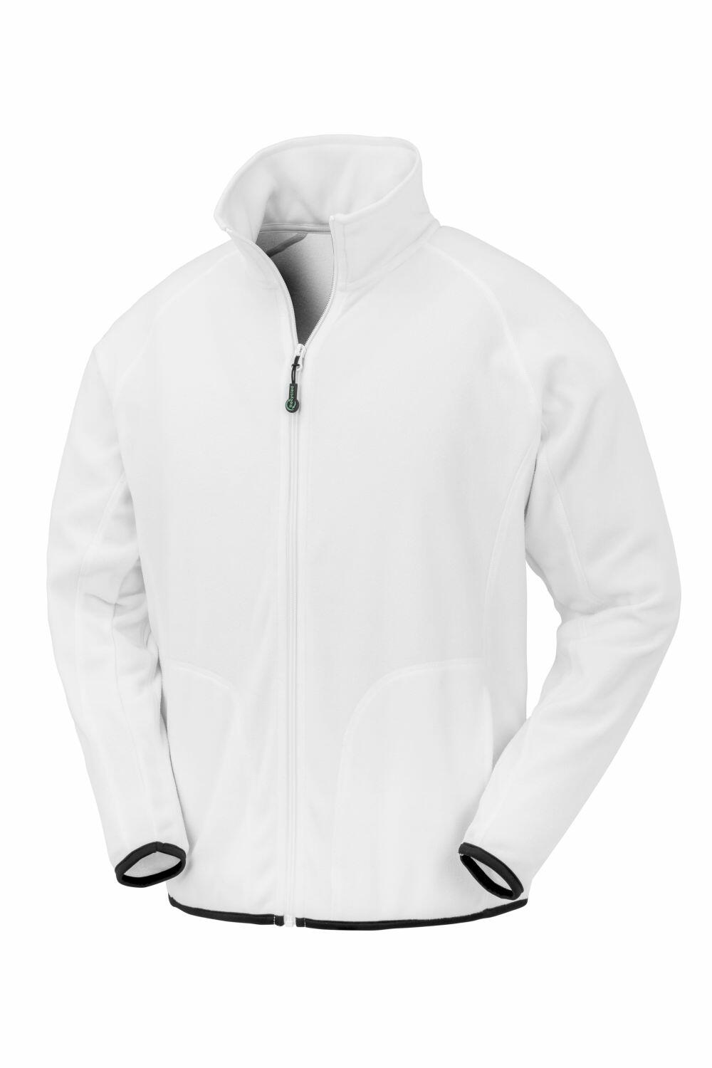 The R907X jacket by Result Genuine Recycled is a white zip-up fleece with black trim on the cuffs and bottom hem, featuring a high collar and two side pockets.
