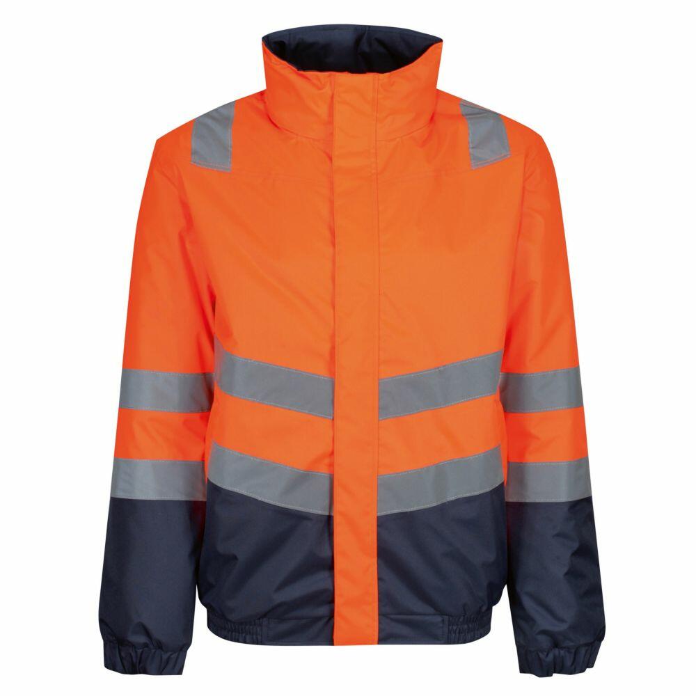 The RG452 by Regatta High Visibility is an orange and navy jacket featuring reflective stripes on the chest and arms.