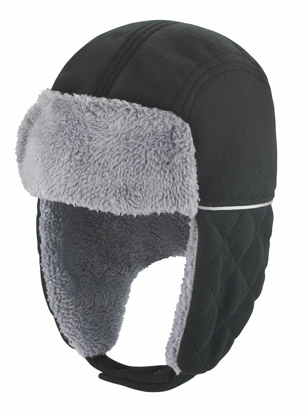 The Result Winter Essentials RC32X is a black quilted winter hat featuring a gray faux fur lining and ear flaps.