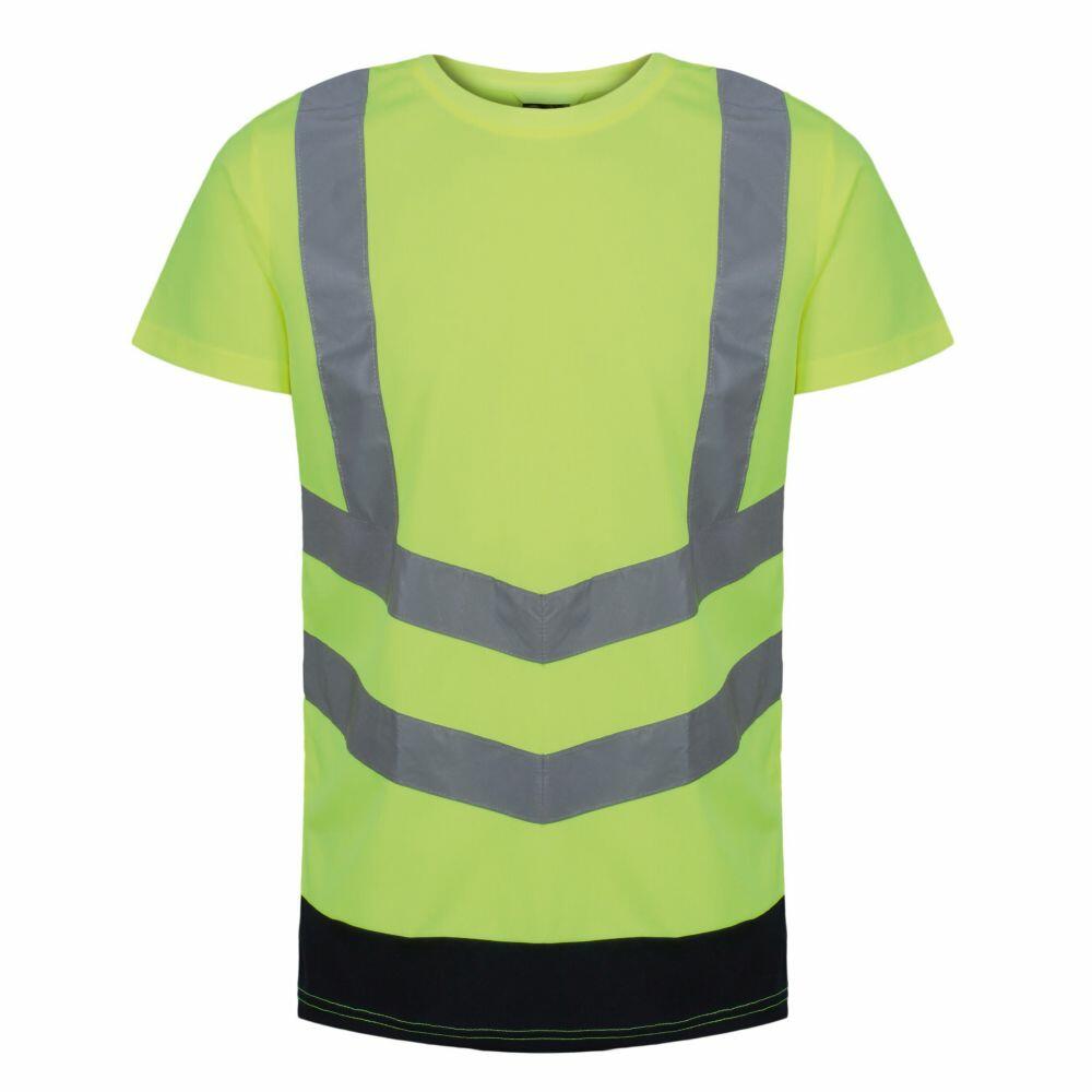The RG463 safety shirt from Regatta High Visibility, featuring a vibrant yellow color and reflective gray stripes, is showcased against a white background.
