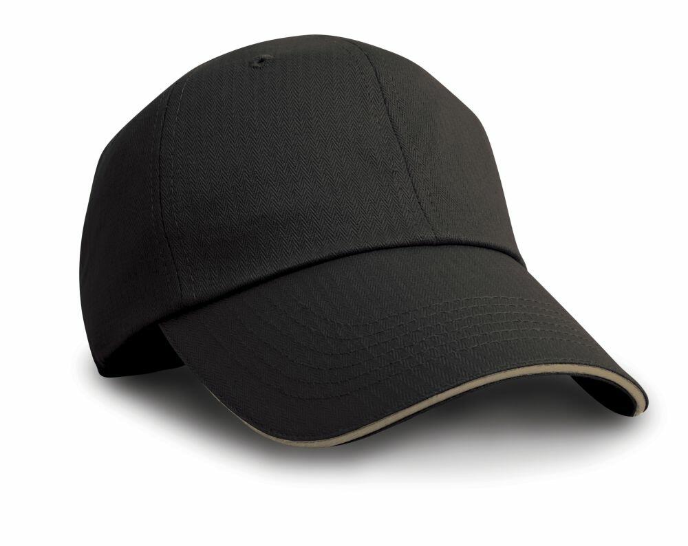 The RC38X from Result Headwear, a black baseball cap featuring a curved brim and stitching detail, is displayed against a white background.