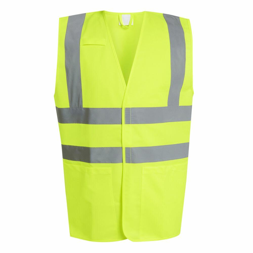 The RG470 from Regatta High Visibility is a bright yellow safety vest featuring reflective gray stripes across the chest and shoulders.