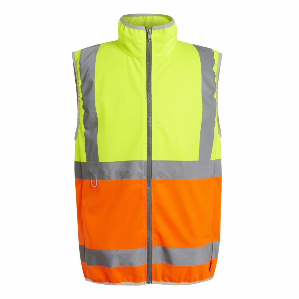 The RG472 by Regatta High Visibility is a safety vest with a zippered front. The top half is neon yellow, and the bottom half is bright orange, featuring reflective gray stripes both horizontally and vertically for enhanced visibility.