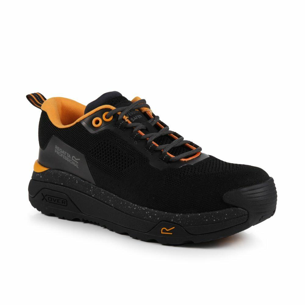 The RG574 by Regatta Safety Footwear is a black and orange athletic shoe featuring a durable sole and mesh upper, perfect for outdoor activities.