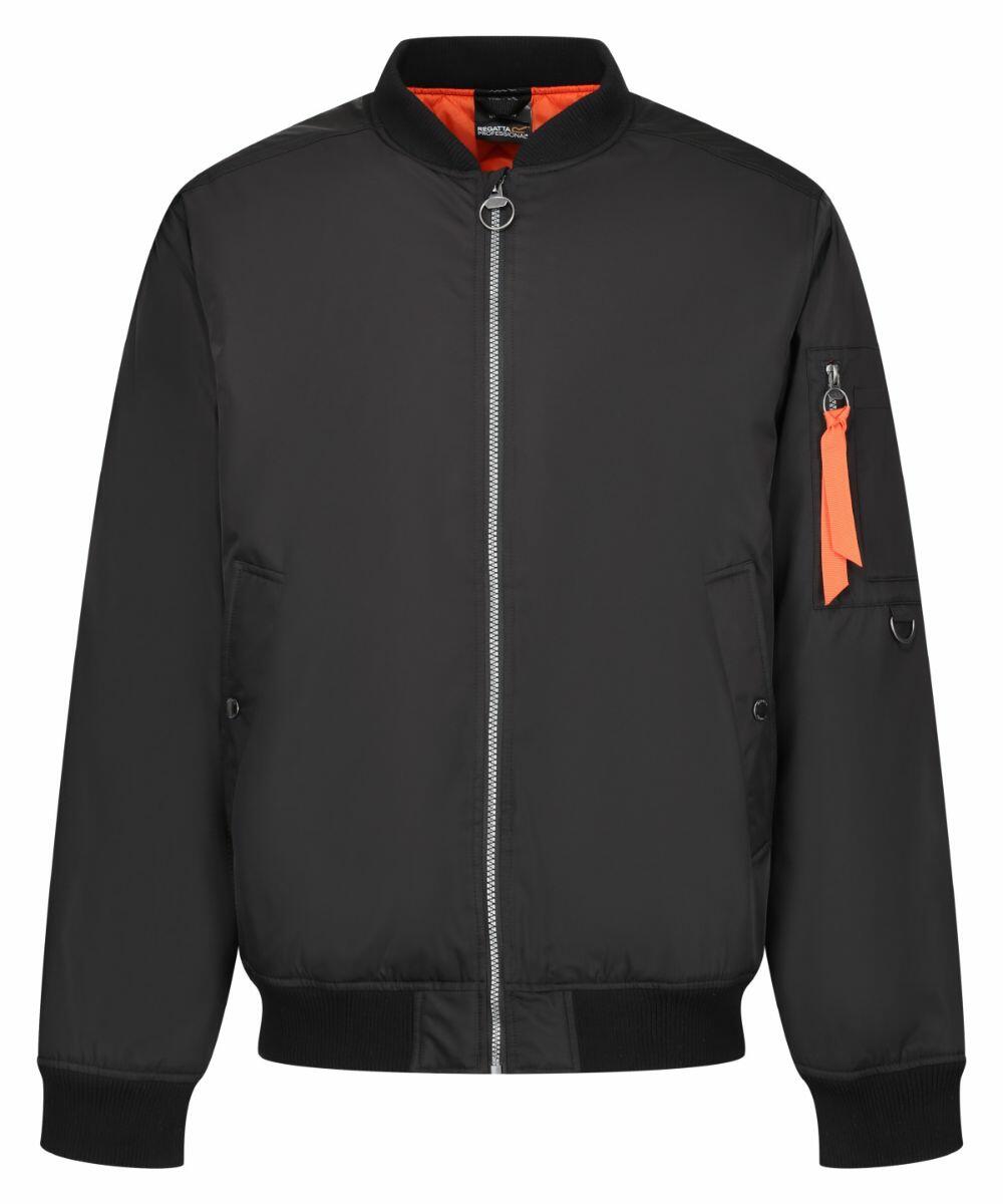 Introducing the RG588 by Regatta Professional: a stylish black bomber jacket that features a convenient zipper closure, a striking orange interior, an arm pocket for added functionality, and ribbed cuffs and hem for a classic look.