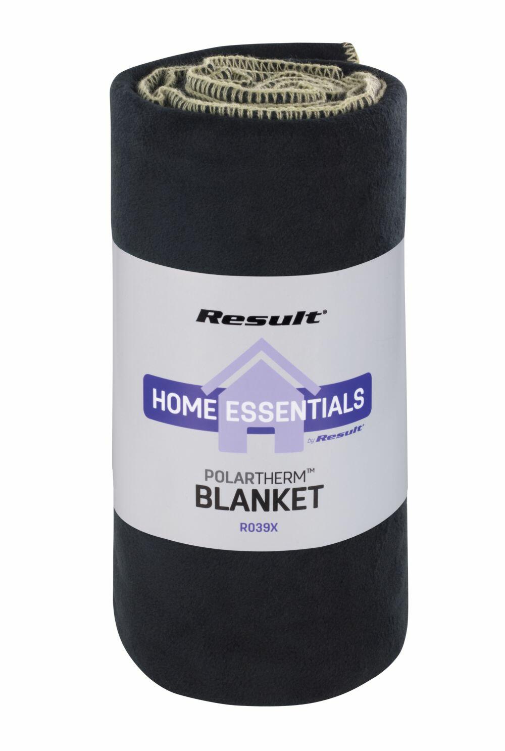 A black Polartherm blanket rolled up with a label that reads "Result Winter Essentials.