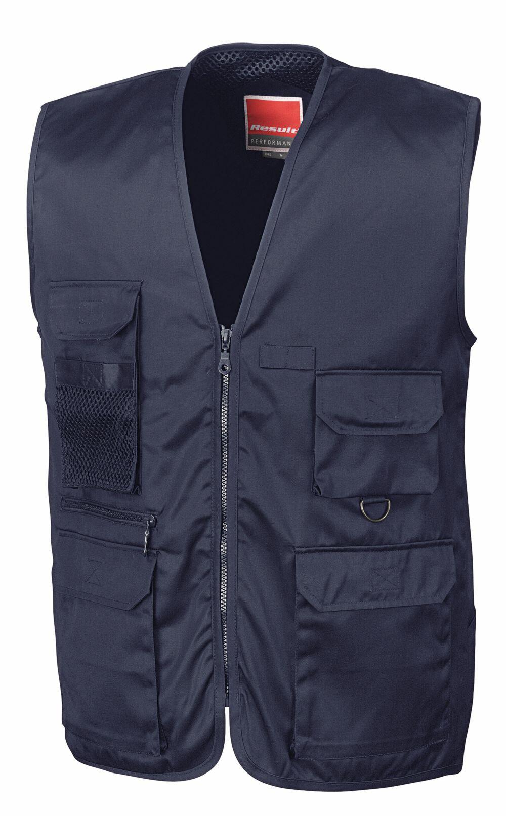 The Result Workguard RE45A is a navy blue utility vest featuring multiple pockets, a front zipper, and a small D-ring.