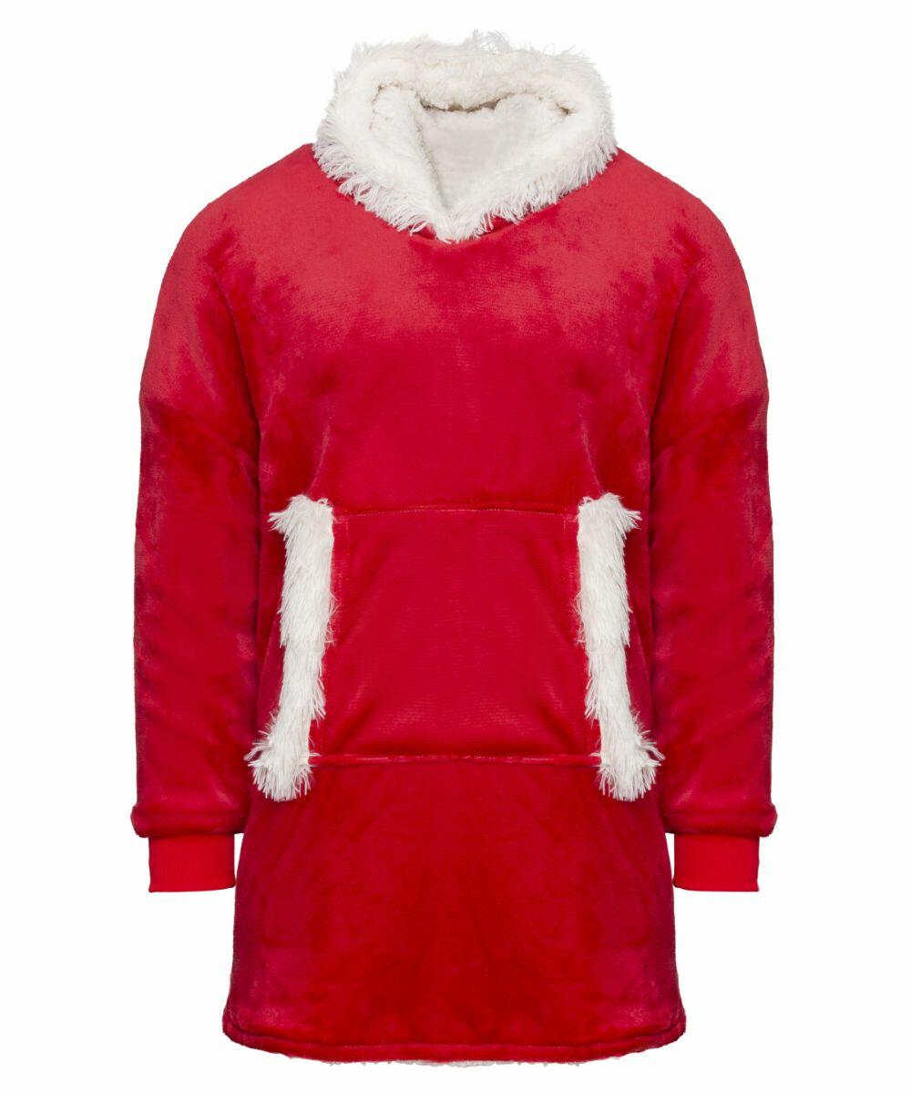 Introducing the Ribbon RI002: a red oversized hoodie featuring a white faux fur-lined hood and large front pocket, both lined with luxurious white faux fur. The wrists are adorned with stylish red ribbed cuffs for added comfort and flair.