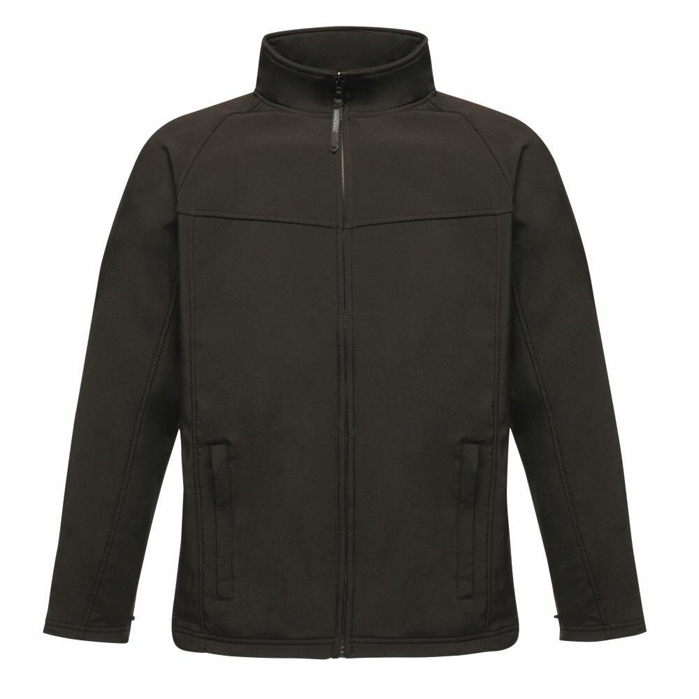 Product: RG150 by Regatta Professional, a black, long-sleeve jacket featuring a high collar with a zip-up design and two front pockets.